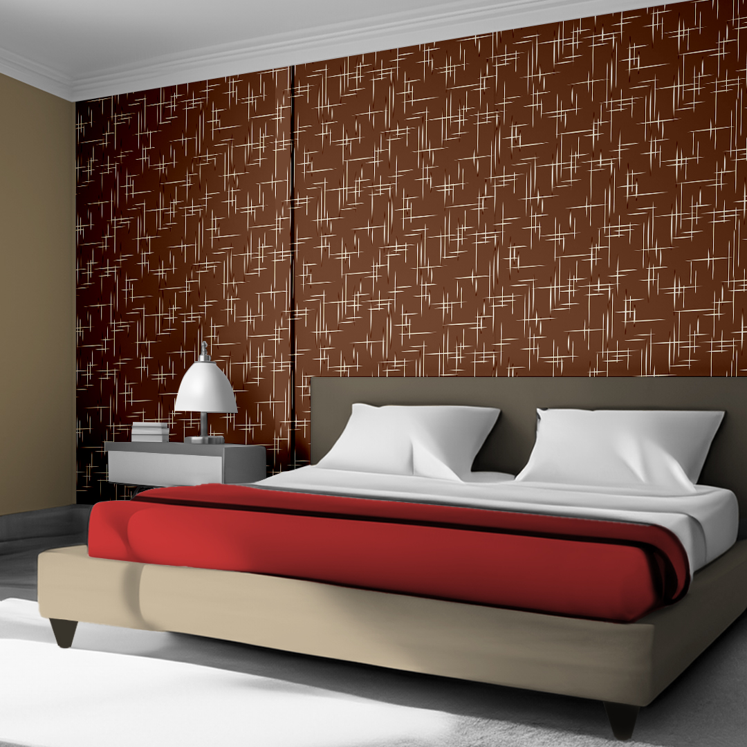 The artwork consists of a red square background with a repeating pattern of starburst shapes created by intersecting elongated lines. These lines are light-colored, contrasting sharply against the red background. The lines form multiple four-pointed stars with varying lengths and thicknesses, radiating outward in a geometric arrangement. The composition presents a clean, mid-century modern aesthetic, emphasizing simplicity and bold contrasts.